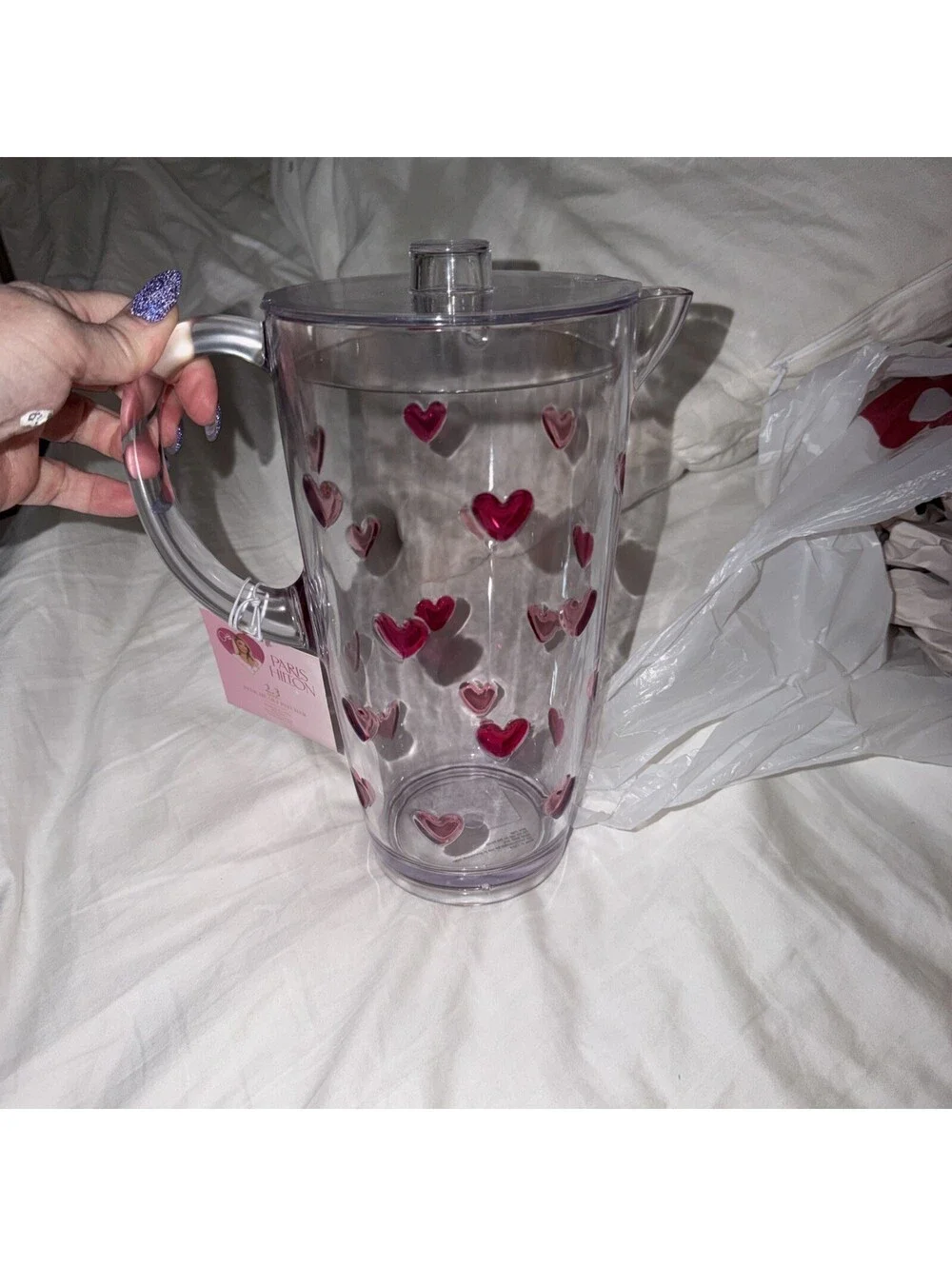 Paris Hilton Pink Hearts Acrylic Pitcher & 4 cup combo NEW